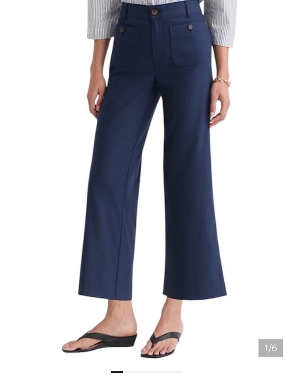 LOFT Navy Wide-Leg Cropped Linen Blend Pants with Patch Pockets "Curvy Fit"